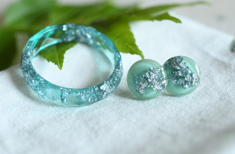 Aquamarine Jewelry Set - Resin Ring Stud Earrings with Silver Flakes - Surgical Steel Post Earrings