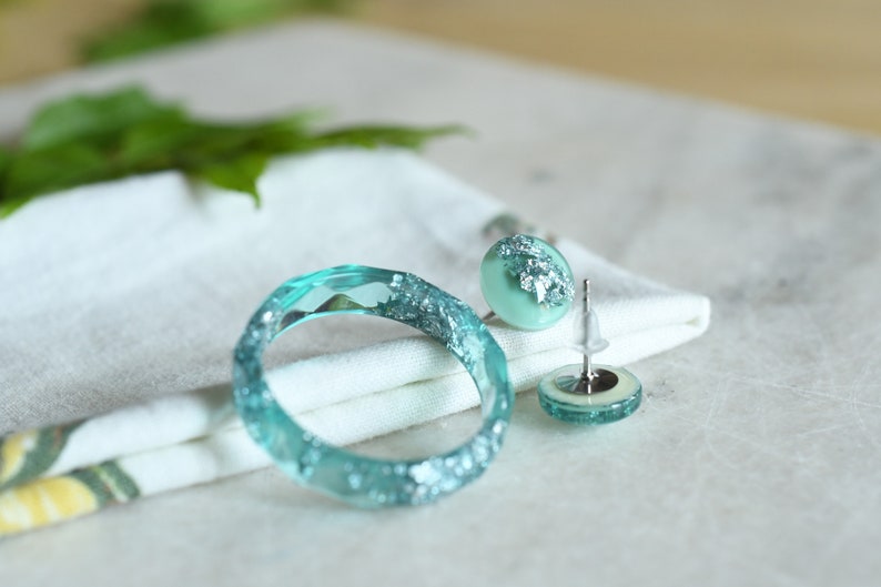 Aquamarine Jewelry Set - Resin Ring Stud Earrings with Silver Flakes - Surgical Steel Post Earrings