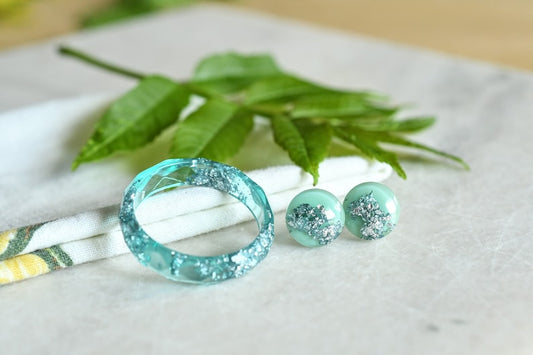 Aquamarine Jewelry Set - Resin Ring Stud Earrings with Silver Flakes - Surgical Steel Post Earrings