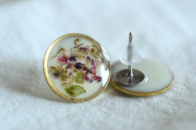 Crushed Flowers Stud Earrings - Surgical Steel Post Earrings - Dried Flowers Earrings - Real Flower Jewelry