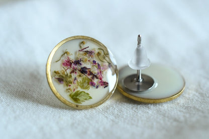 Crushed Flowers Stud Earrings - Surgical Steel Post Earrings - Dried Flowers Earrings - Real Flower Jewelry
