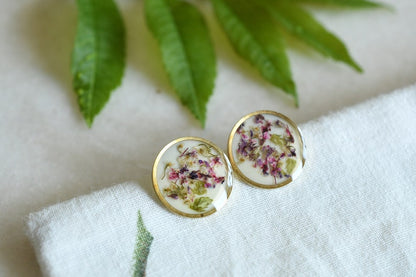 Crushed Flowers Stud Earrings - Surgical Steel Post Earrings - Dried Flowers Earrings - Real Flower Jewelry