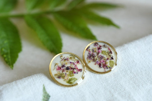 Crushed Flowers Stud Earrings - Surgical Steel Post Earrings - Dried Flowers Earrings - Real Flower Jewelry