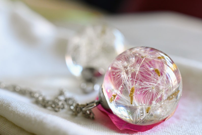 Dandelion Seed Necklace - Resin Sphere Pendant- Make a Wish Resin Jewelry - Pressed Flower Resin Jewelry