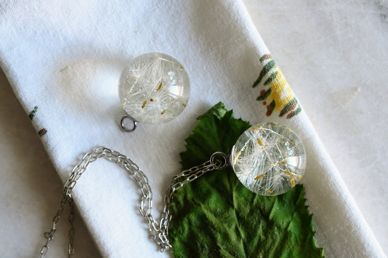 Dandelion Seed Necklace - Resin Sphere Pendant- Make a Wish Resin Jewelry - Pressed Flower Resin Jewelry