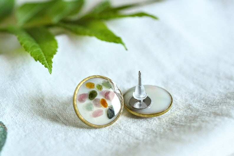 Tourmaline Chips Stud Earrings - Surgical Steel Post Earrings - Crystals Earrings - Resin Jewelry