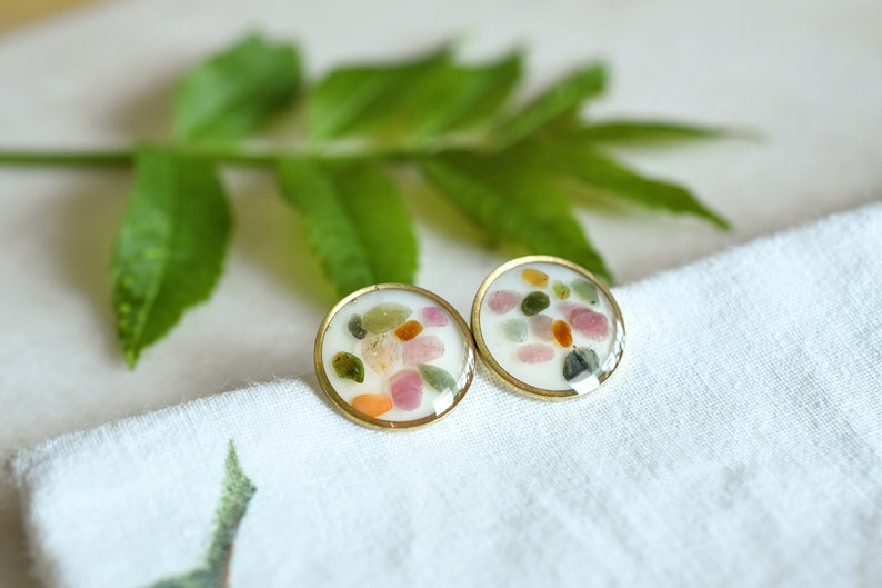 Tourmaline Chips Stud Earrings - Surgical Steel Post Earrings - Crystals Earrings - Resin Jewelry
