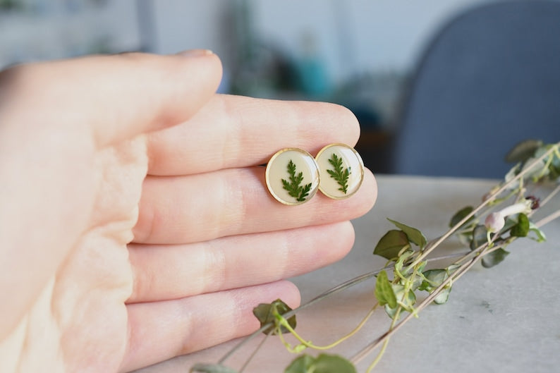 Green Leaf Stud Earrings - Surgical Steel Post Earrings - Dried Flowers Earrings - Real Flower Jewelry