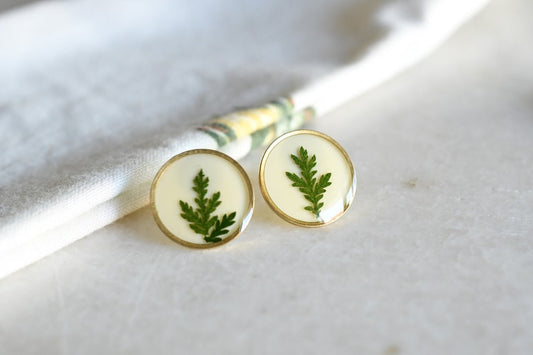 Green Leaf Stud Earrings - Surgical Steel Post Earrings - Dried Flowers Earrings - Real Flower Jewelry