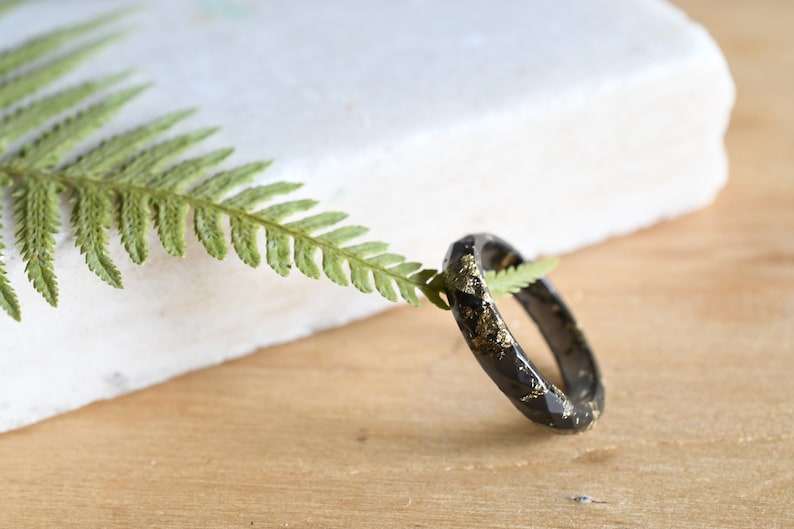 Black Resin Ring with Gold Leaf – Thin Unisex Band for Everyday Wear, Unique Engagement or Wedding Ring, Lightweight and Hypoallergenic