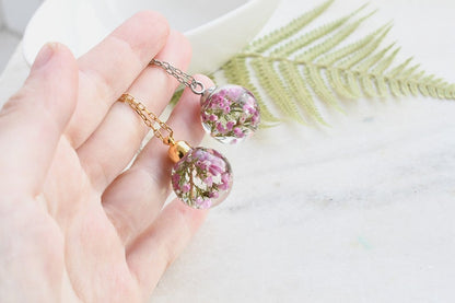 Dainty Pink Heather Necklace - Resin Sphere Pendant- Scottish Heather Resin Jewelry - Dried Flower Resin Jewelry