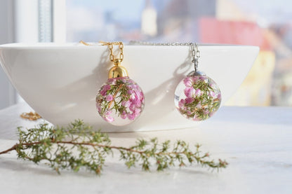 Dainty Pink Heather Necklace - Resin Sphere Pendant- Scottish Heather Resin Jewelry - Dried Flower Resin Jewelry