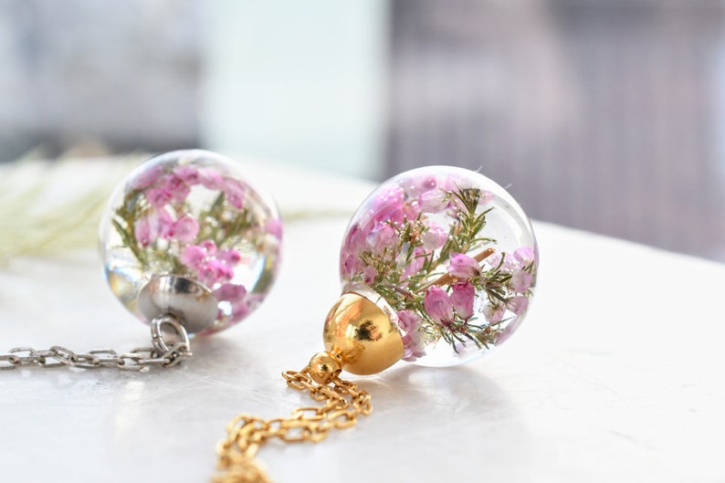 Dainty Pink Heather Necklace - Resin Sphere Pendant- Scottish Heather Resin Jewelry - Dried Flower Resin Jewelry