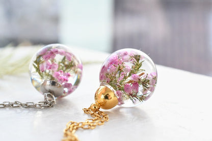 Dainty Pink Heather Necklace - Resin Sphere Pendant- Scottish Heather Resin Jewelry - Dried Flower Resin Jewelry