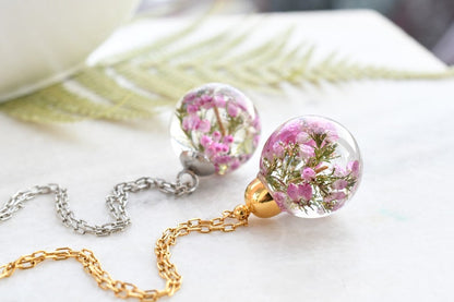 Dainty Pink Heather Necklace - Resin Sphere Pendant- Scottish Heather Resin Jewelry - Dried Flower Resin Jewelry