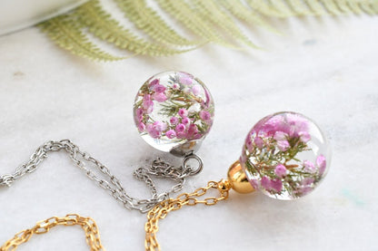 Dainty Pink Heather Necklace - Resin Sphere Pendant- Scottish Heather Resin Jewelry - Dried Flower Resin Jewelry