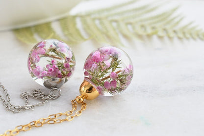 Dainty Pink Heather Necklace - Resin Sphere Pendant- Scottish Heather Resin Jewelry - Dried Flower Resin Jewelry