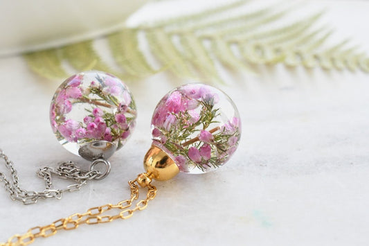 Dainty Pink Heather Necklace - Resin Sphere Pendant- Scottish Heather Resin Jewelry - Dried Flower Resin Jewelry
