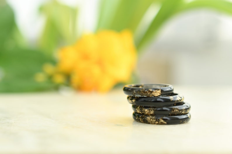 Smooth Black Resin Ring With Gold Flakes - Unisex Band Ring