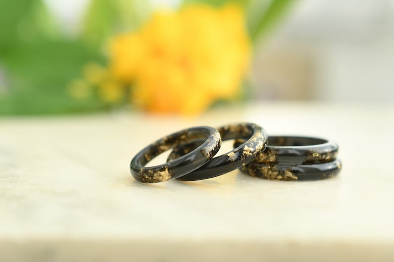 Smooth Black Resin Ring With Gold Flakes - Unisex Band Ring