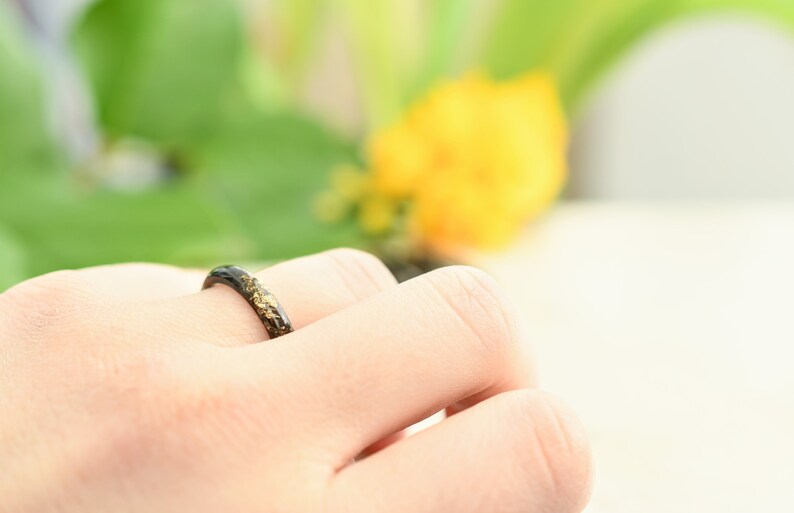 Smooth Black Resin Ring With Gold Flakes - Unisex Band Ring