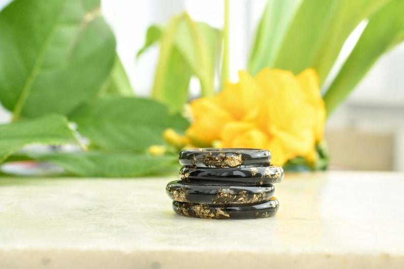 Smooth Black Resin Ring With Gold Flakes - Unisex Band Ring
