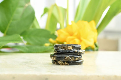 Smooth Black Resin Ring With Gold Flakes - Unisex Band Ring