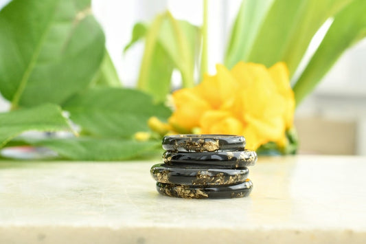 Smooth Black Resin Ring With Gold Flakes - Unisex Band Ring