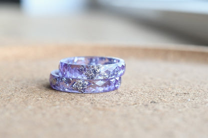 Thin Amethyst Color Faceted Resin Ring With Silver Flakes - Unisex Band Ring