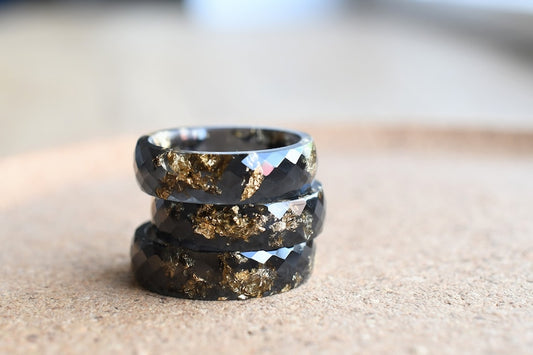 Black Ring With Gold Leaf - Alternative Black Resin Ring - Faceted Men's Ring