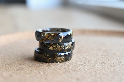 Black Ring With Gold Leaf - Alternative Black Resin Ring - Faceted Men's Ring