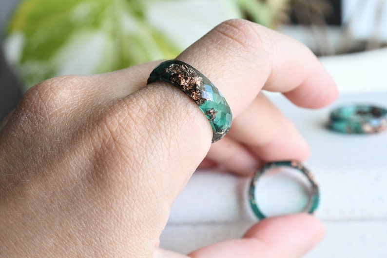 Jade Resin Ring | Rose Gold Leaf | Stackable Band | Minimalist Gift | Handmade Resin Jewelry