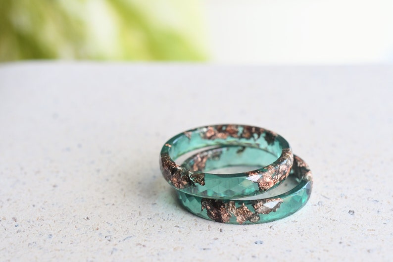 Jade Green Ring With Rose Gold Leaf - Alternative Wedding Band - Skinny Faceted Resin Ring