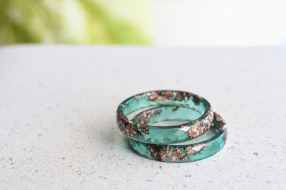 Jade Green Ring With Rose Gold Leaf - Alternative Wedding Band - Skinny Faceted Resin Ring