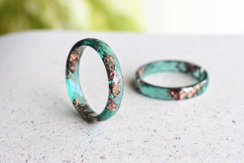 Jade Green Ring With Rose Gold Leaf - Alternative Wedding Band - Skinny Faceted Resin Ring