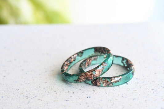 Jade Green Ring With Rose Gold Leaf - Alternative Wedding Band - Skinny Faceted Resin Ring