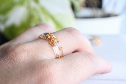 Transparent Band Ring With Gold Flakes - Handmade Faceted Gold Ring - Minimalist Resin Jewelry