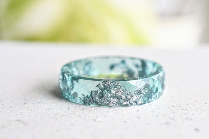 Aquamarine Resin Ring | March Birthstone Alternative | Silver Leaf | Handmade Stackable Ring | Gift for Her