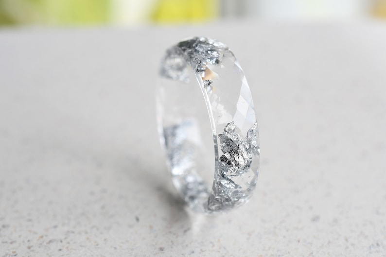 Transparent Ring With Silver Flakes - Faceted Stacking Ring - Rings For Women - Resin Jewelry