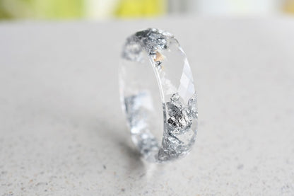 Transparent Ring With Silver Flakes - Faceted Stacking Ring - Rings For Women - Resin Jewelry