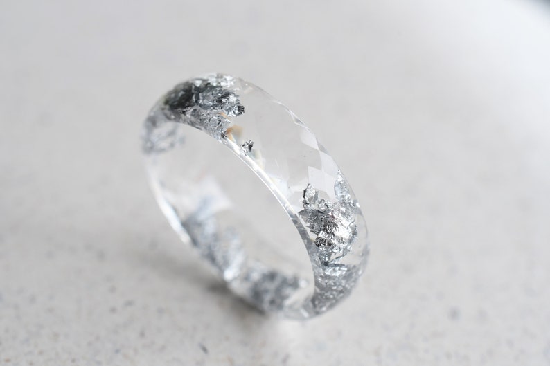 Transparent Ring With Silver Flakes - Faceted Stacking Ring - Rings For Women - Resin Jewelry