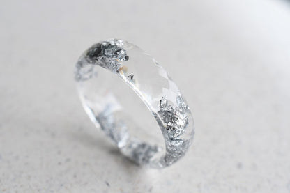 Transparent Ring With Silver Flakes - Faceted Stacking Ring - Rings For Women - Resin Jewelry