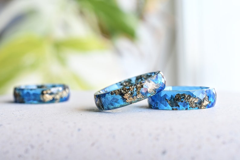 Sapphire Blue Gold Leaf Resin Ring - Unconventional Engagement Ring - Faceted Unique Mens Ring