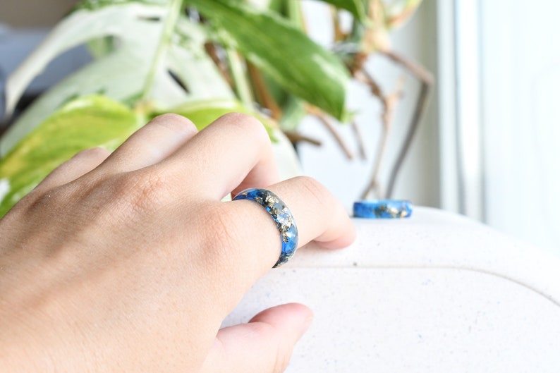 Sapphire Blue Gold Leaf Resin Ring - Unconventional Engagement Ring - Faceted Unique Mens Ring