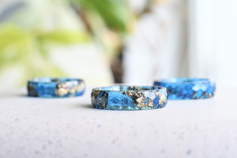 Sapphire Blue Gold Leaf Resin Ring - Unconventional Engagement Ring - Faceted Unique Mens Ring