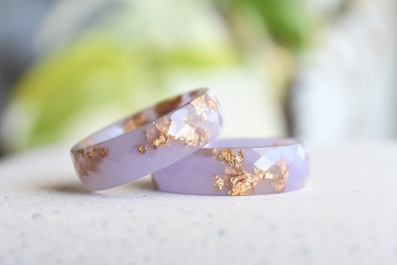Pastel Purple Resin Ring with Gold Flakes - Faceted Resin Band