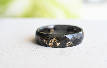 Black Resin Ring With Gold Leaf - Alternative Engagement Ring - Faceted Mens Ring