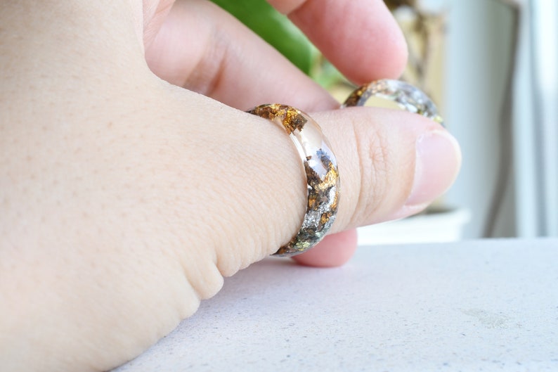 Transparent Faceted Ring With Mixed Metallic Flakes - Resin Ring - Alternative Ring - Resin Jewelry