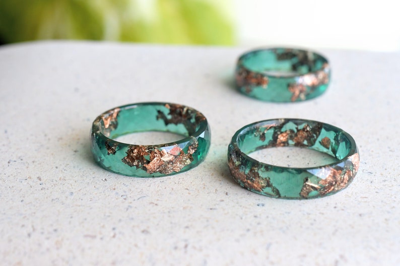 Jade Green Ring With Rose Gold Leaf - Faceted Ring - Minimalist Stacking Ring - Resin Jewelry