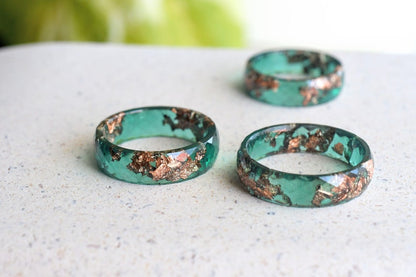 Jade Green Ring With Rose Gold Leaf - Faceted Ring - Minimalist Stacking Ring - Resin Jewelry